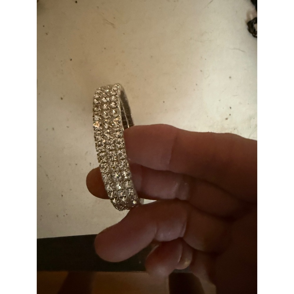 Vintage Silver Tone 3 Row Rhinestone Stretch Tennis Bracelet Clear Crystal